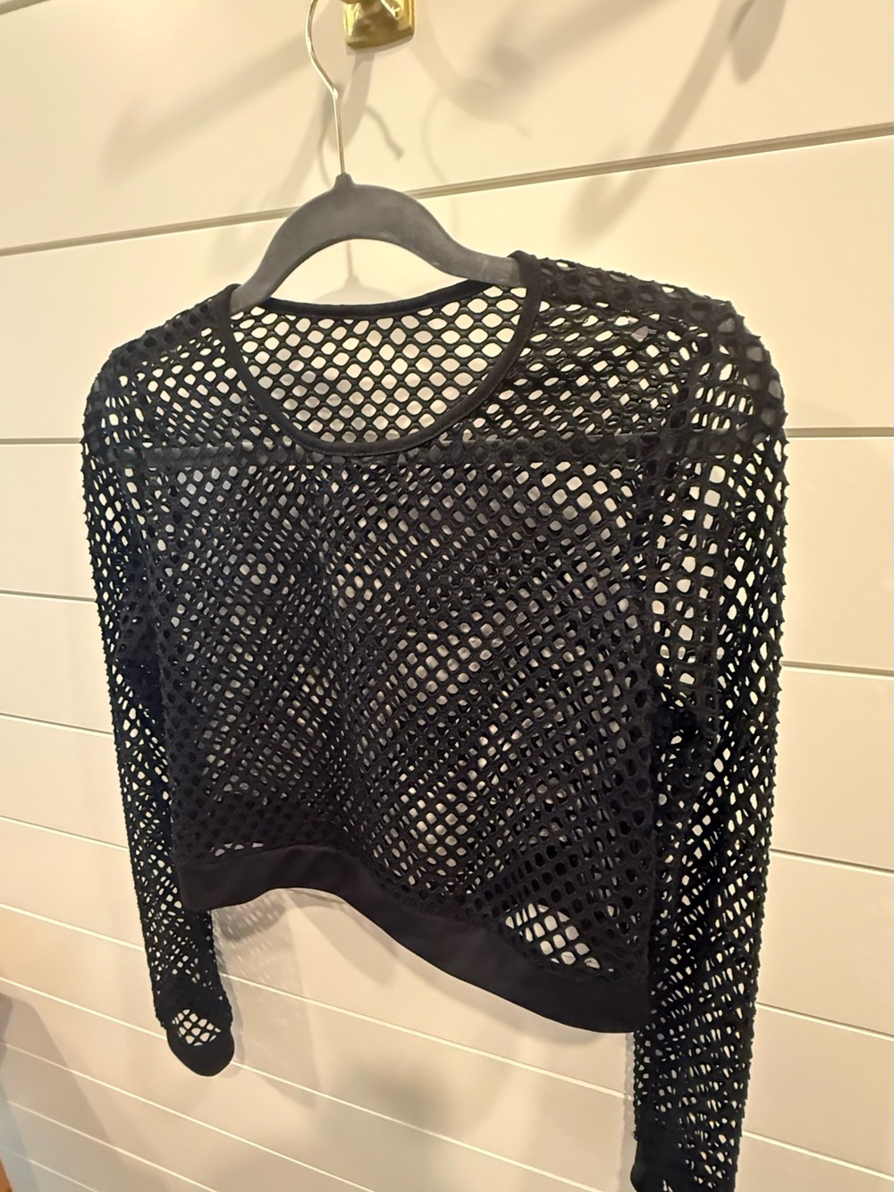 Black Open Knit Mesh Long Sleeve Top